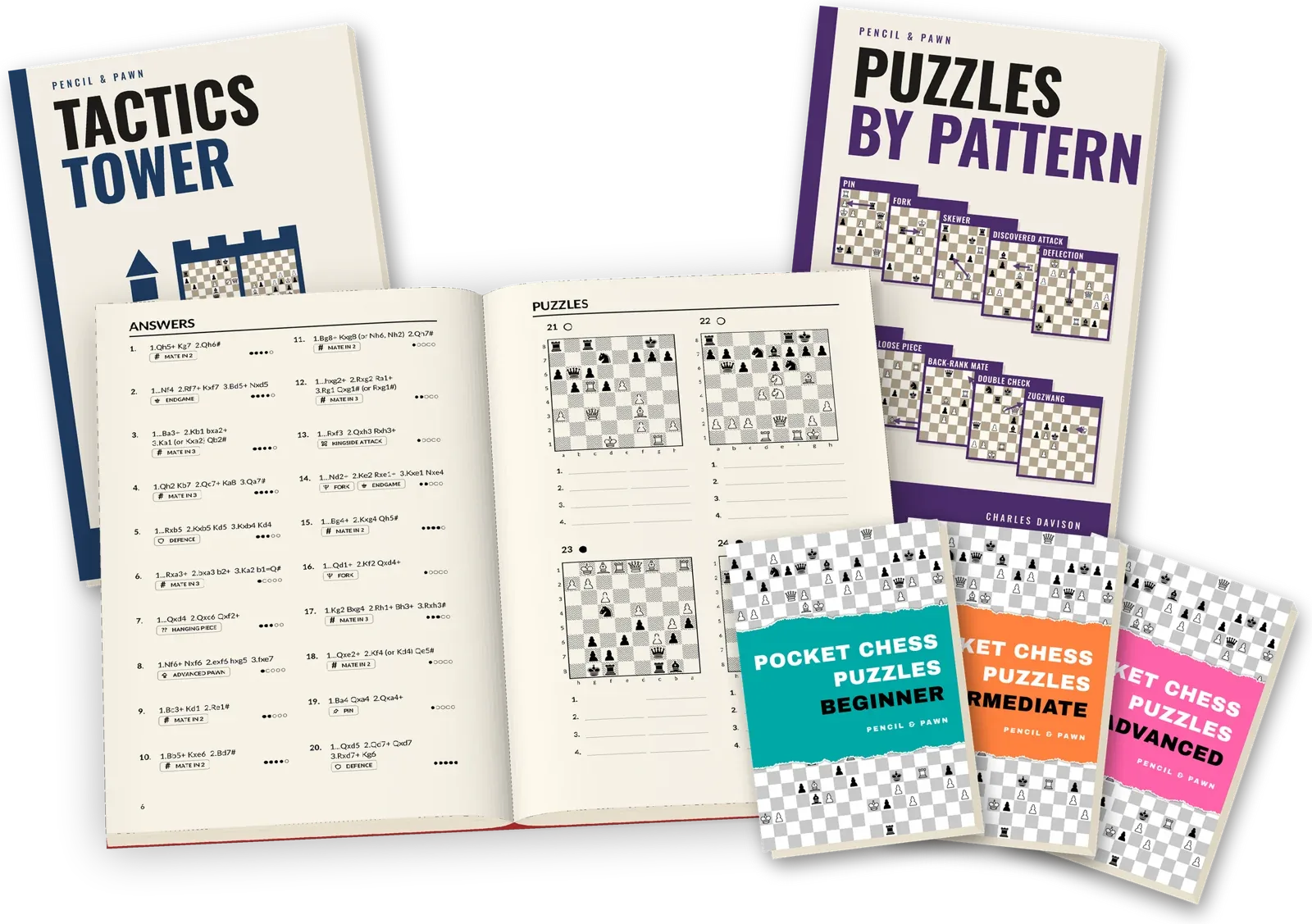 Tactics Workbook open at an answers page and four puzzles, with other Pencil & Pawn books around it